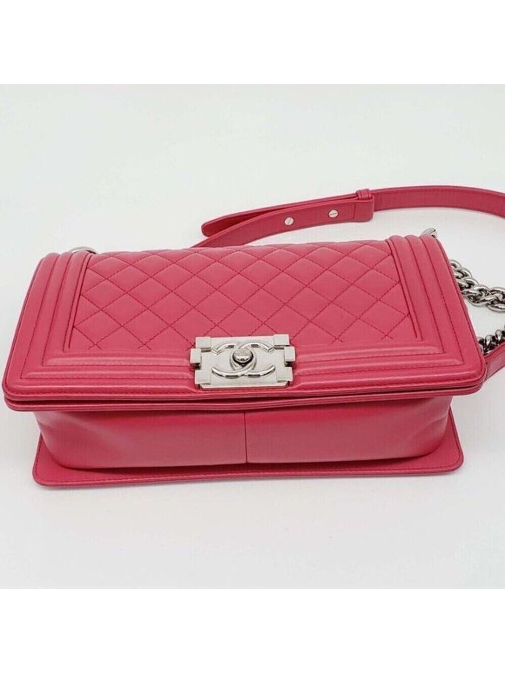 Authentic Chanel Boy Bag Red Quilted Leather Medium Flap Silver Chain CC Logo - Picture 7 of 16